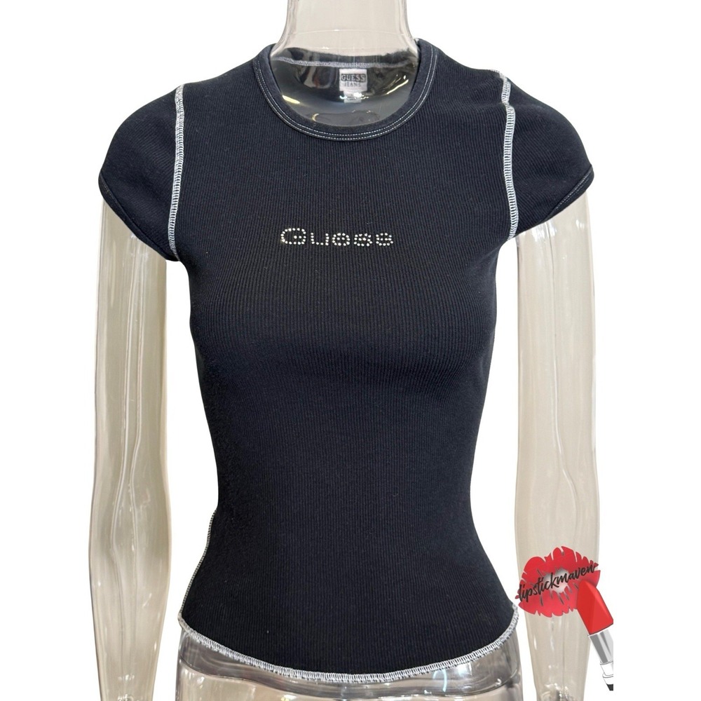 Vintage Guess Jeans‎ Baby Tee Womens Large Black Rhinestone Embroidered Logo Y2K